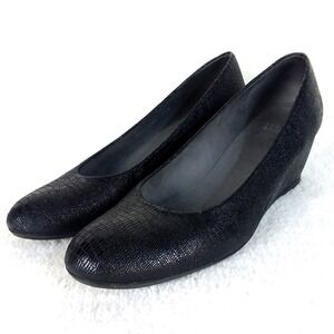 Stuart‎ Weitzman Laidback Lizette Wedge Heels Black Textured Shoes Women's 10.5N